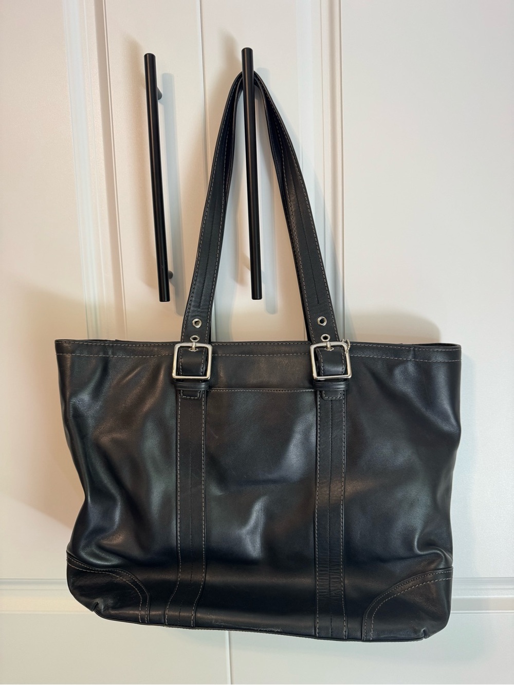 Coach Black Leather Tote Bag with Silver Buckles